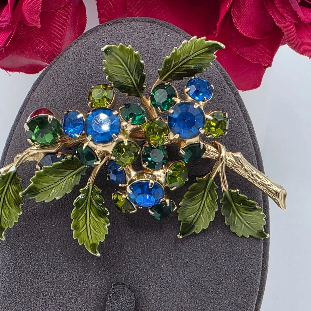 Hobe Enamel‎ Crystal Leaf Brooch Blue Green Gem Rhinestone Statement Pin Vintage